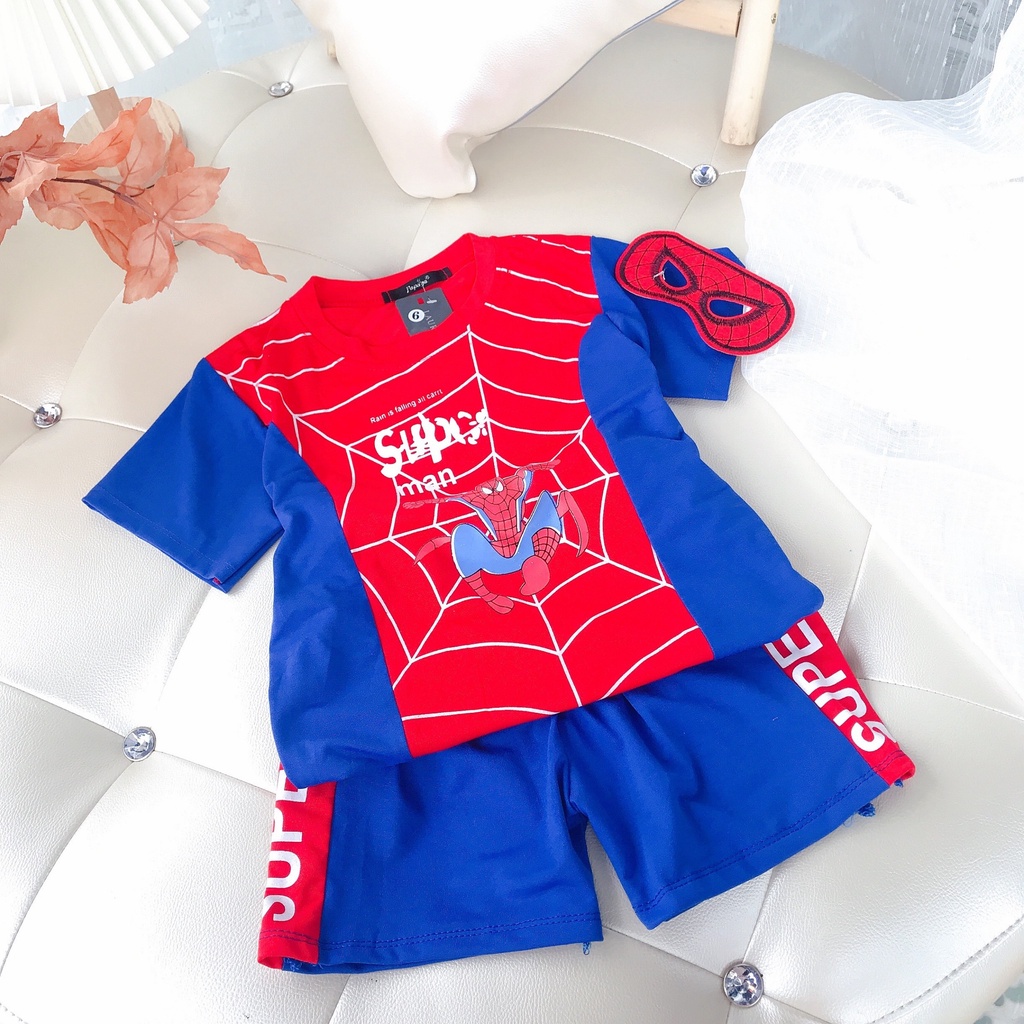 Bộ siêu nhân cộc tay mùa hè cho bé trai 20-36kg, chất cotton mềm mịn, thoáng mát, đẹp giá rẻ