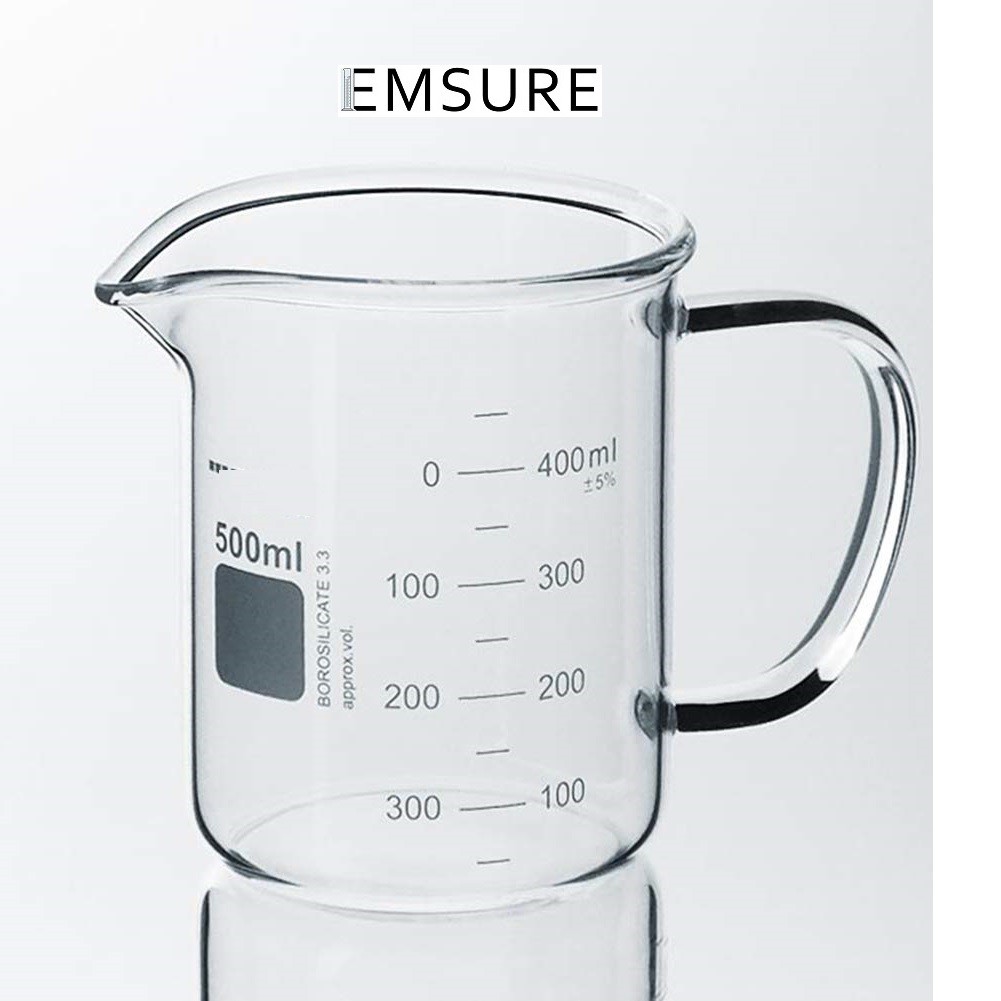 Cốc/ly/ca đong lường 250-500ml thủy tinh có tay cầm chụi nhiệt vạch trắng Boro 3.3 BIOHALL GERMANY | Beaker  with Handle