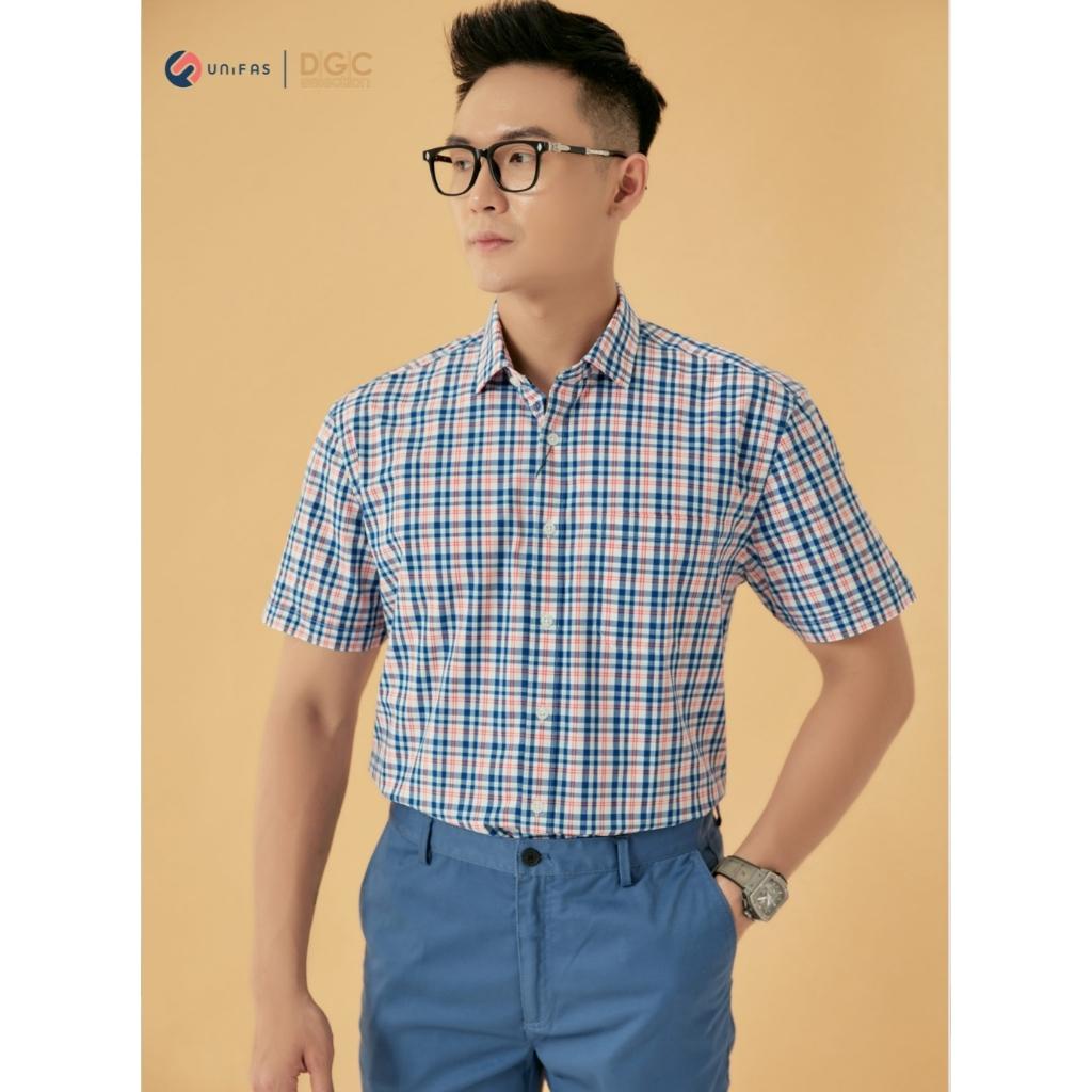 Áo sơ mi nam DGCs ngắn tay họa tiết kẻ trẻ trung, chất Cotton thoáng mát thấm hút tốt SASNBB16M