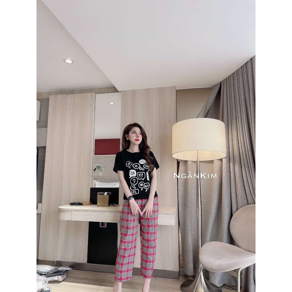 Đồ bộ nữ áo cotton in hình mix quần kẻ karo hot trend