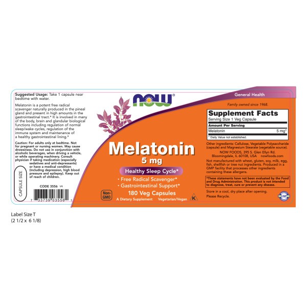 Thực Phẩm Bảo Vệ Sức Khỏe NOW Melatonin 5mg - Bổ Sung Melatonin Giúp Tạo Giấc Ngủ Một Cách Tự Nhiên Chai 180 Viên