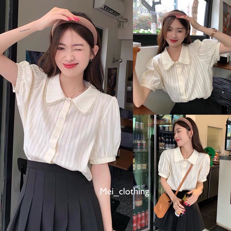 Áo sơmi cộc tay cổ bẻ đính ren dễ thương
