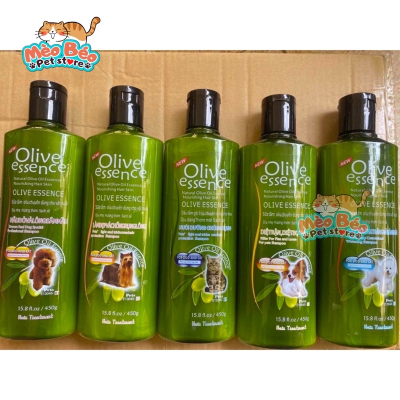 Sữa tắm chó mèo OLIVE ESSENCEL dưỡng mượt lông trị ve rận - chai 450ml