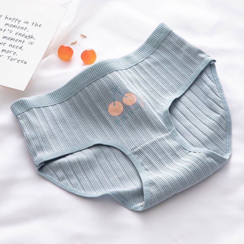 Quần Lót Nữ - Quần Lót Nữ Cotton gân tăm phối xanh trắng họa tiết cherry nơ dẽ thương DAN STORE MÃ 1798