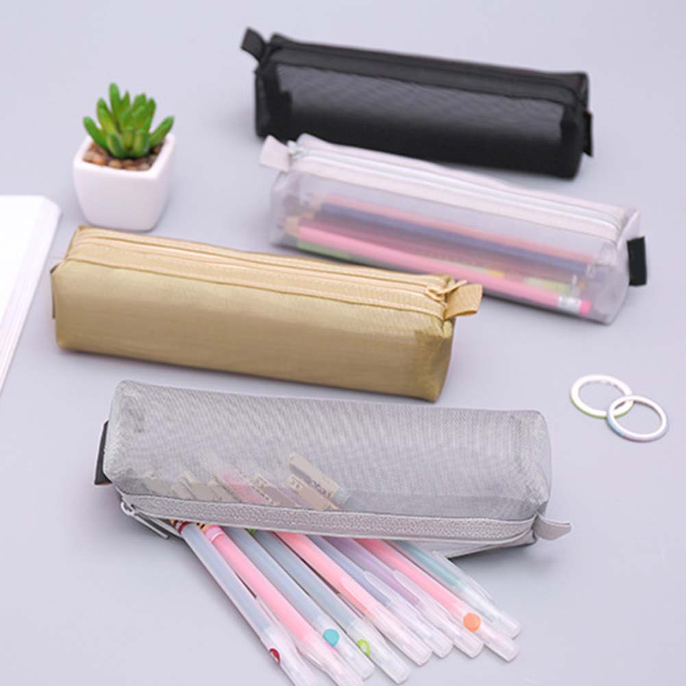 Túi Lưới Đựng Bút Chì Màu Trơn Trong Suốt Có Khóa Kéo Đơn Giản Unisex