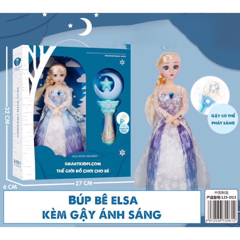 Búp bê Elsa 5D Nữ Hoàng Băng Giá  Kèm Gậy Phát Sáng Hàng Đẹp Cỡ To Tóc Mây Tết Tóc
