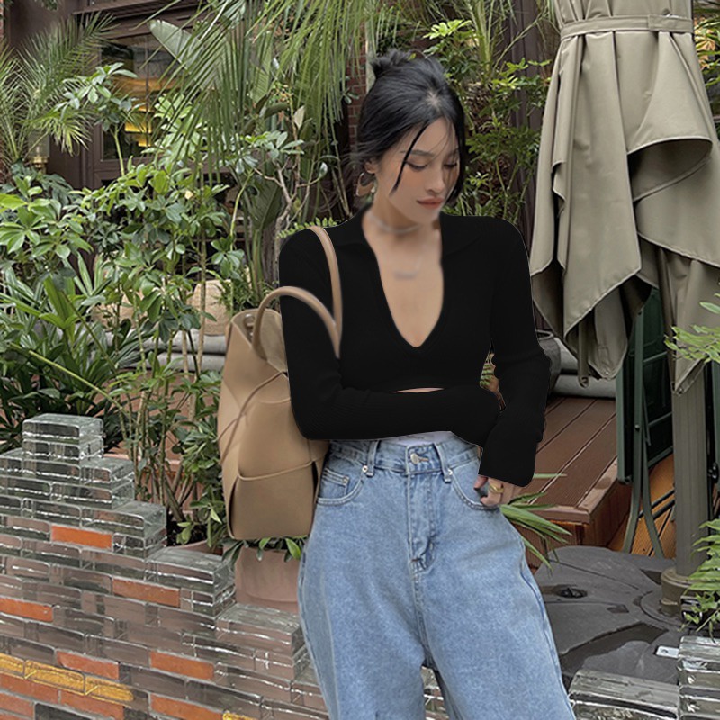 Áo Dệt Kim Tay Dài Cổ Chữ V Hở Lưng Màu Sắc Đơn Giản Phong Cách Retro Dành Cho Nữ