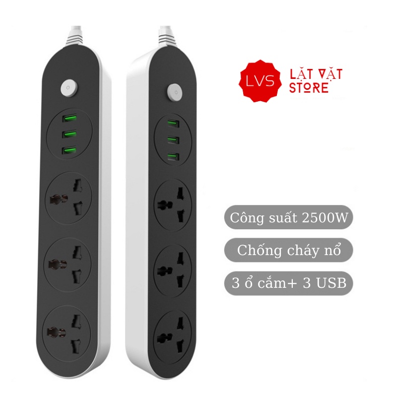 Ổ cắm điện đa năng 3 ổ cắm công suất cao chống cháy có 3 cổng USB sạc nhanh