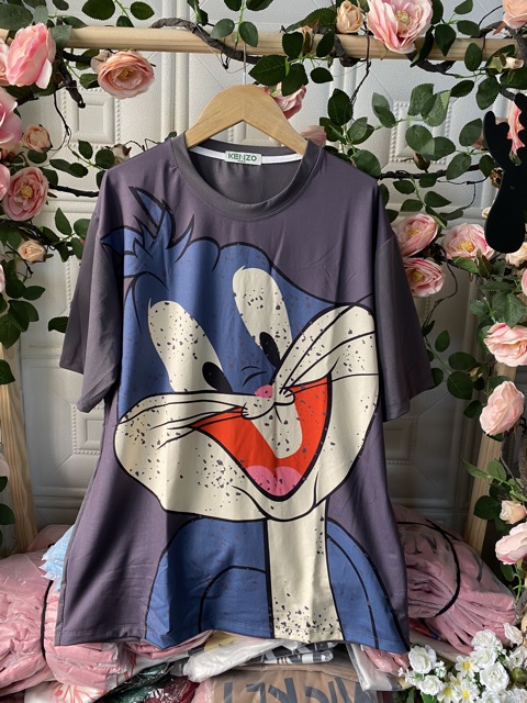 áo thun unisex in 3d form rộng thỏ xám một răng siêu cute