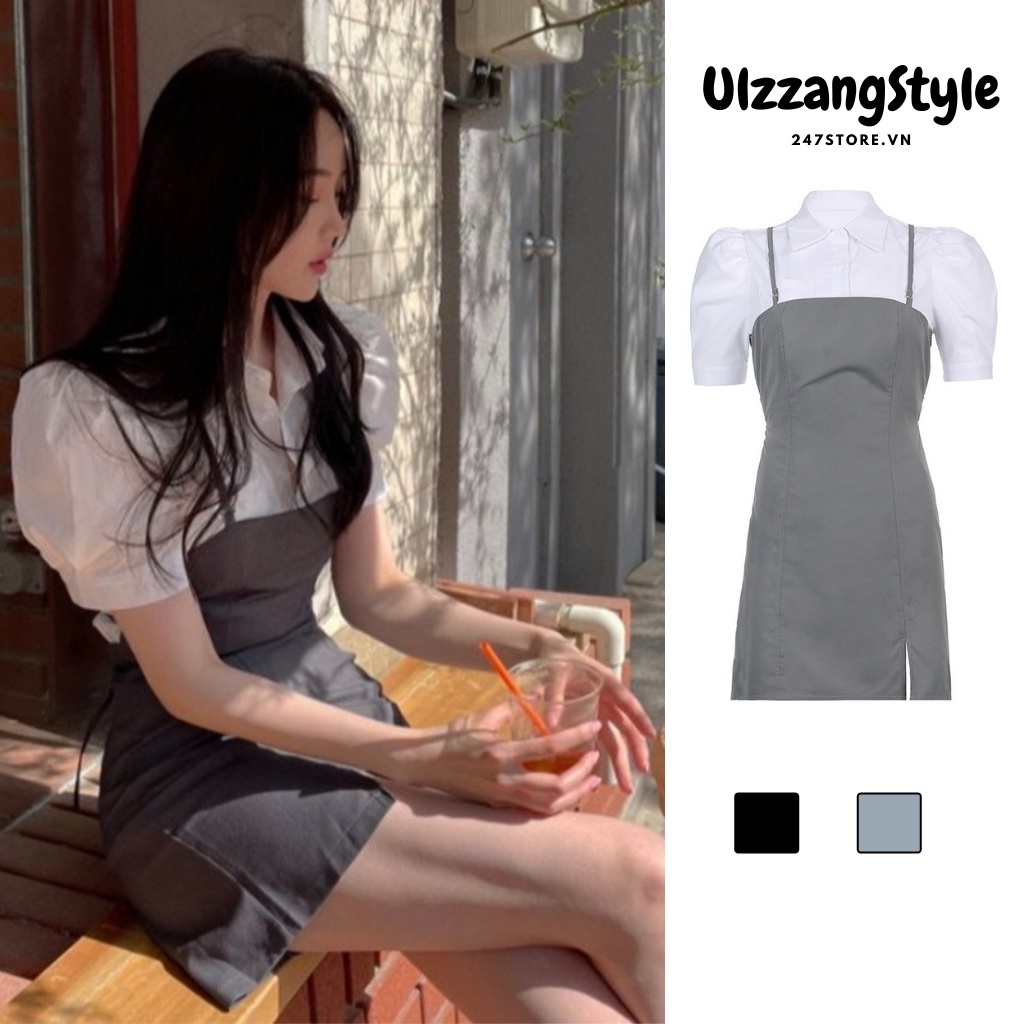 Sét Váy Yếm Ulzzang Phong Cách Hàn Quốc Kèm Áo Sơ Mi