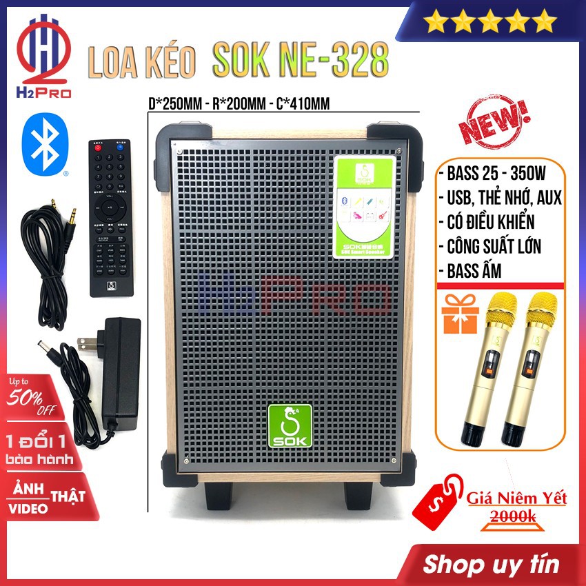 Loa Kéo Karaoke Bluetooth SOK NE-328 H2Pro bass 25-350W-USB-thẻ nhớ-AUX hàng hãng, điện 220v và 12v(tặng 2 micro)