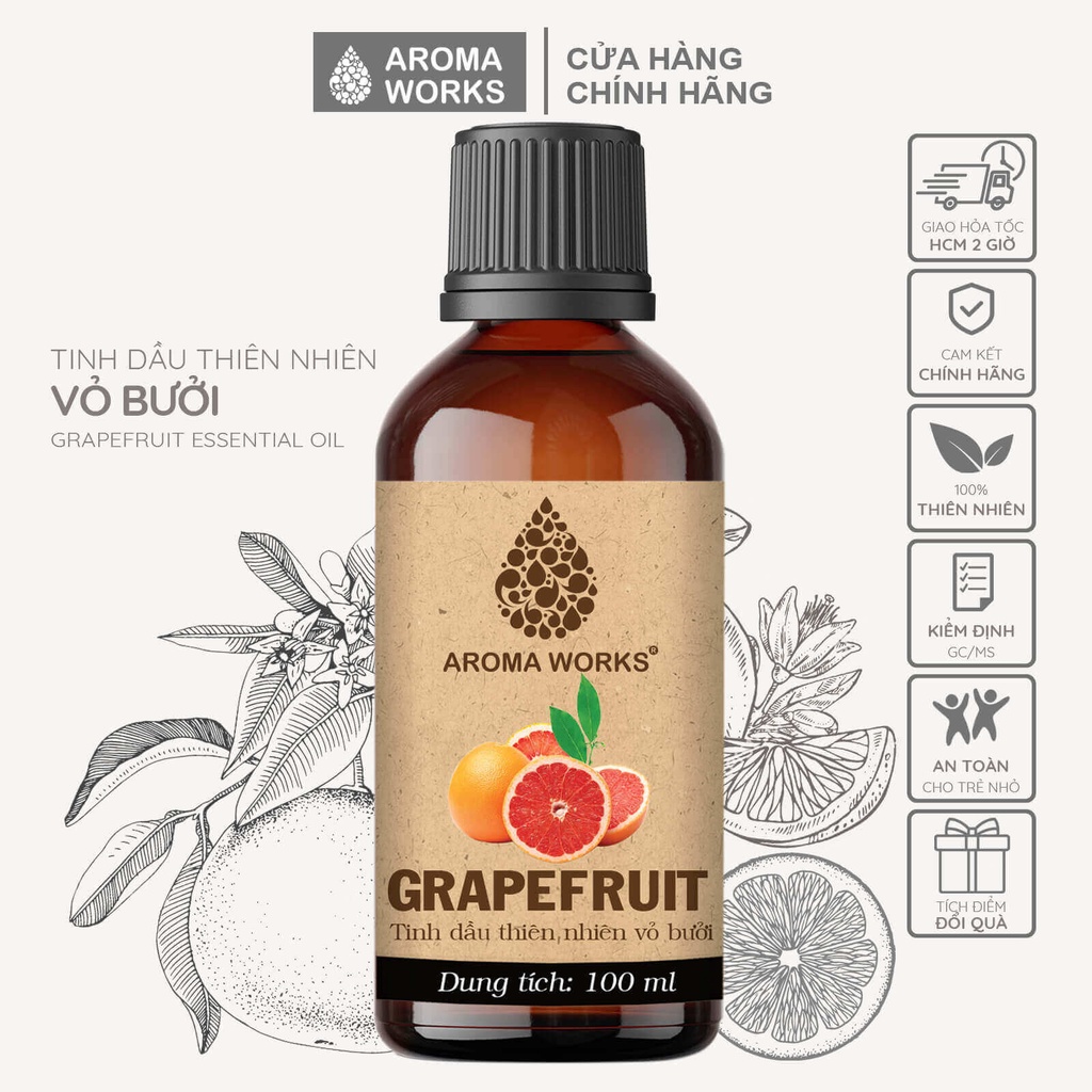 Tinh Dầu Bưởi Aroma Works Grapfruit Thiên Nhiên Thơm Phòng, Kích Thích Mọc Tóc