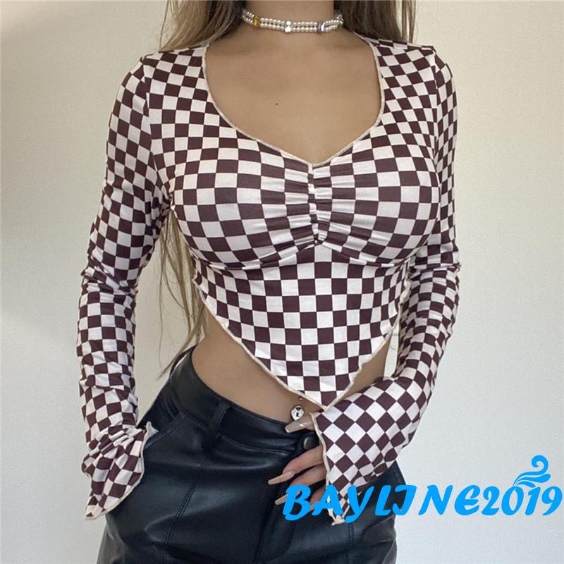 Áo croptop tay dài cổ chữ V họa tiết caro thời trang cho nữ