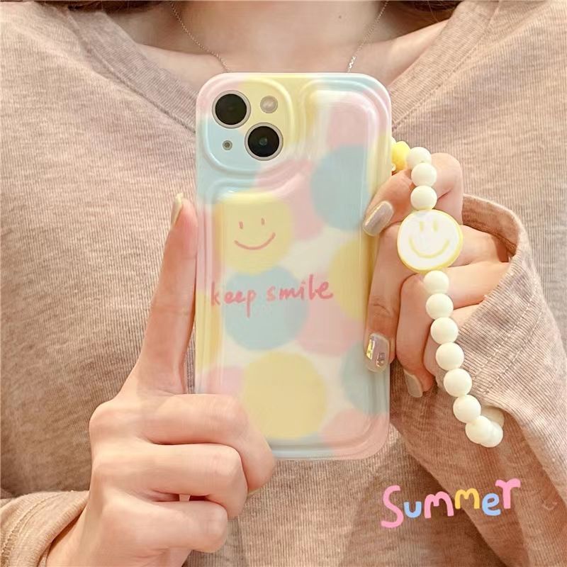 Ốp Điện Thoại Màu Hồng Thiết Kế Mặt Cười Kèm Dây Đeo Chuỗi Hạt Cho IPhone 12 13 11 Pro Max X Xs Max Xr Jkhj