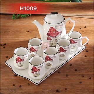 BỘ ẤM CHÉN KÈM KHAY PHA TRÀ CÀ PHÊ CÂY NẤM ĐỎ