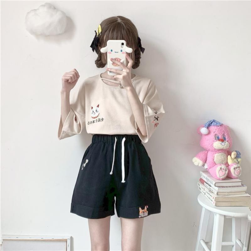 Quần short lưng thun thêu Shiba Inu dễ thương quần ống rộng mùa hè