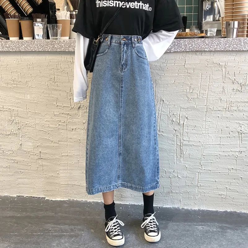 Chân váy chữ A dài vải denim mỏng dễ phối đồ thời trang mùa hè