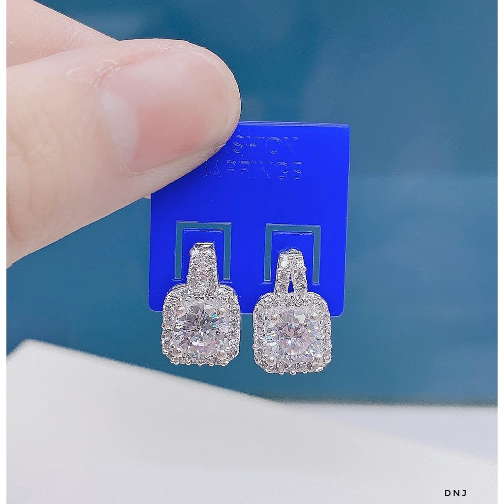 Bông tai nữ bạc ta mặt vuông đính đá lấp lánh cực đẹp - Kho sỉ bạc Nhất Linh