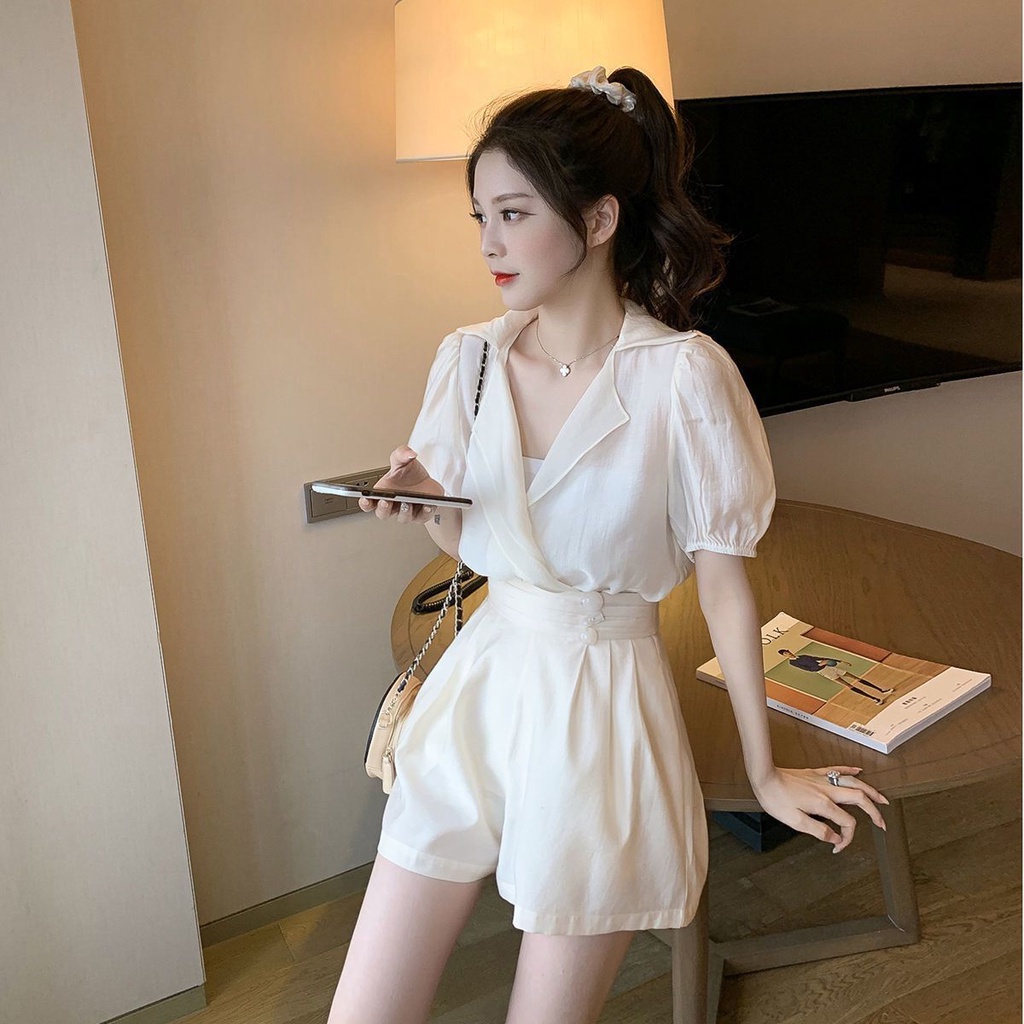 Set Áo chiffon Cổ Chữ V + Quần ngắn ống rộng Lưng Cao Thời Trang Cho Nữ