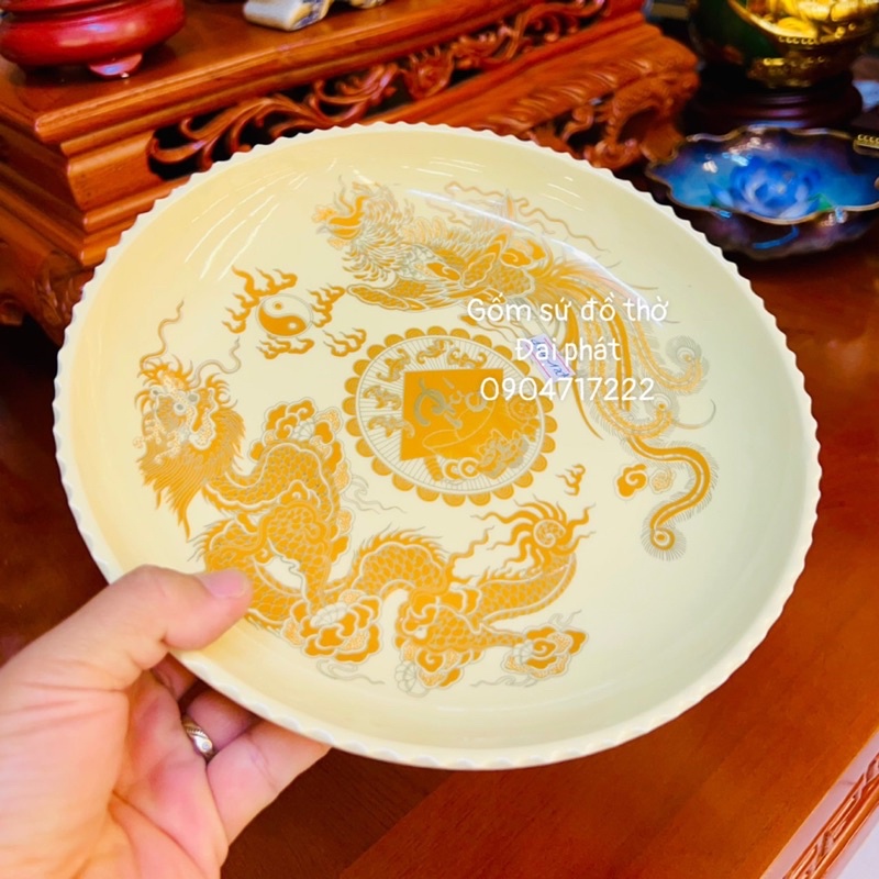 Mâm bồng men vàng ĐẠI PHÁT, mâm dâng ngũ quả ban thờ vàng kim liền chân chất liệu gốm sứ