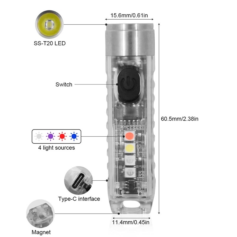 Đèn pin S11 mini siêu sáng, 500 lumen, keychain, móc chìa khoá, cổng sạc type-C