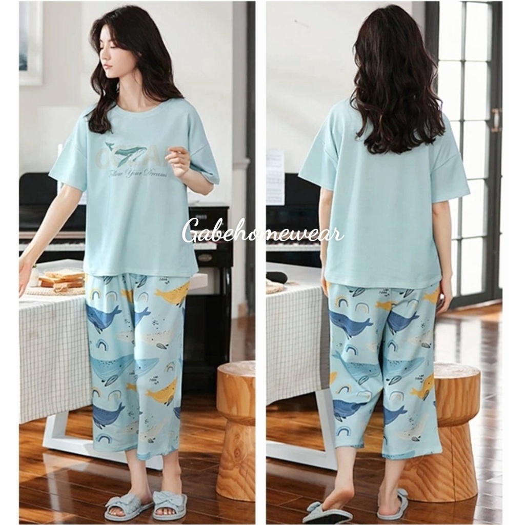 SÉT BỘ THUN MẶC NHÀ  NGƯỜI LỚN MÀU XANH  IN HÌNH CHÚ CÁ HEO