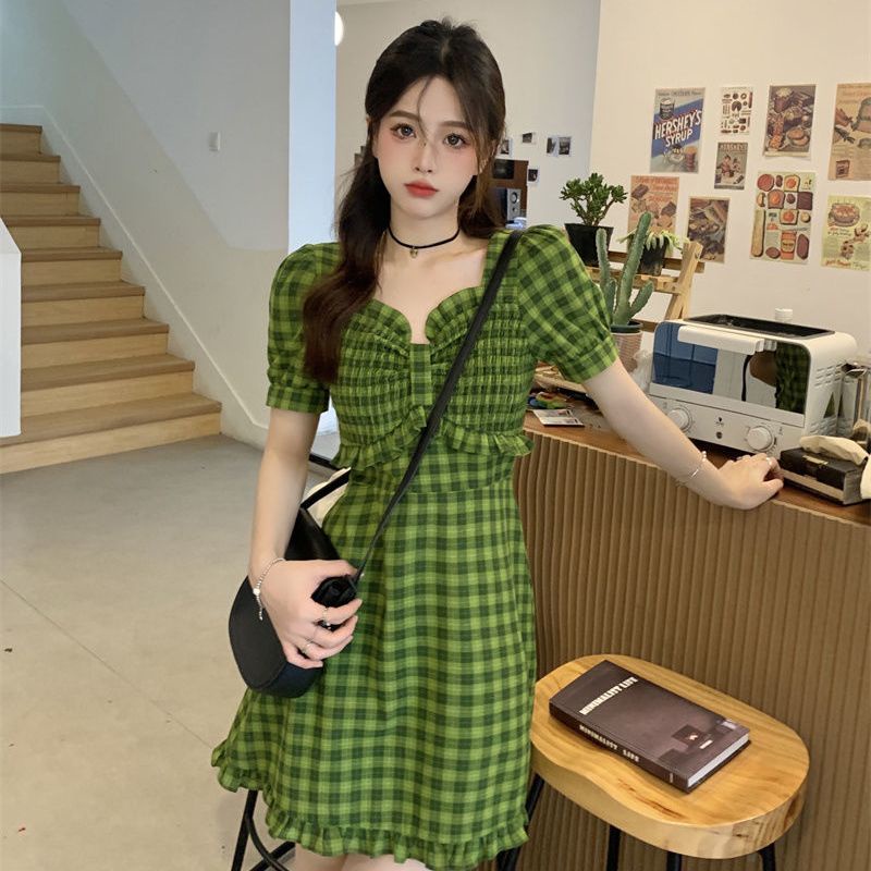 Đầm Tay Ngắn Cổ Vuông Dáng Chữ A Họa Tiết Sọc Caro Phong Cách Hàn Quốc Thời Trang Cho Nữ