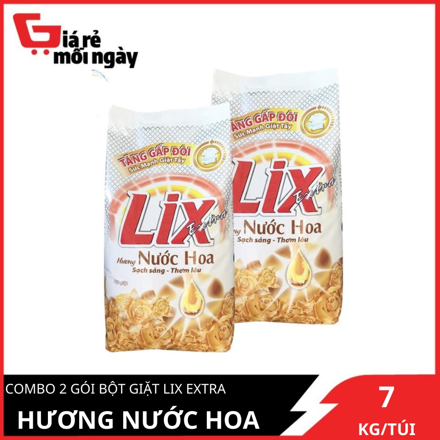 COMBO 2 gói Bột giặt Lix Extra Hương nước hoa (Vàng) tăng gấp đôi sức mạnh giặt tẩy 7kgX2