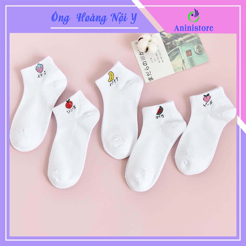 Tất vớ nữ cổ ngắn dễ thương cotton thêu hình trái cây màu trắng mỏng thoáng xinh xắn TA-HQUA