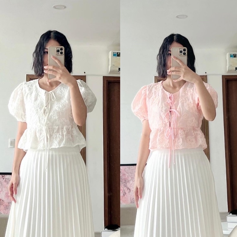 Áo voan hoa thêu cổ tròn croptop tay bồng thắt nơ trắng/hồng/da - Audrey Studio