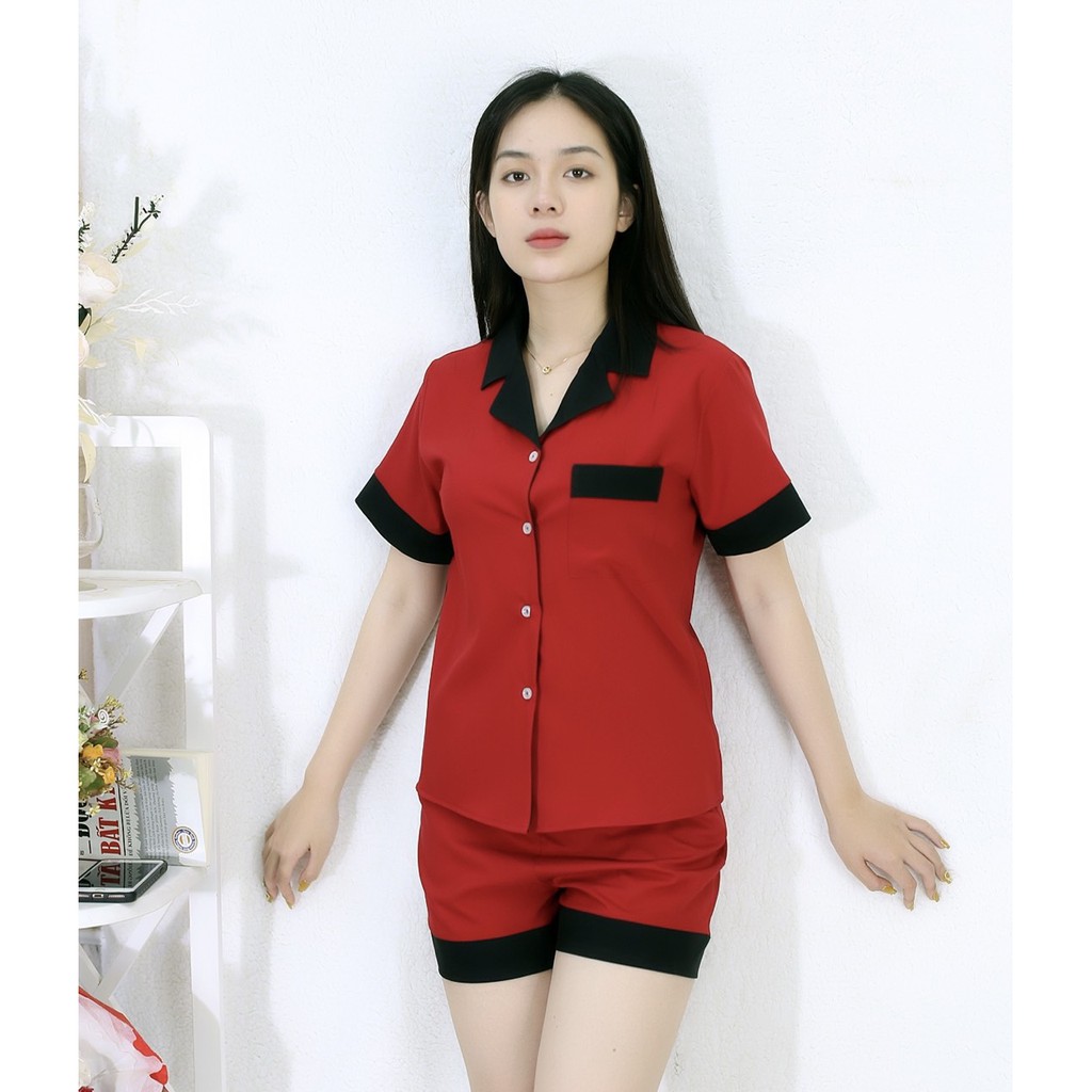 [HÌNH THẬT] Bộ đồ Pijama ngắn mặc nhà MÀU ĐỎ ĐÔ PHA CỔ ĐEN - Vải Siêu Lụa Cao Cấp - Mềm Mại Êm Ái