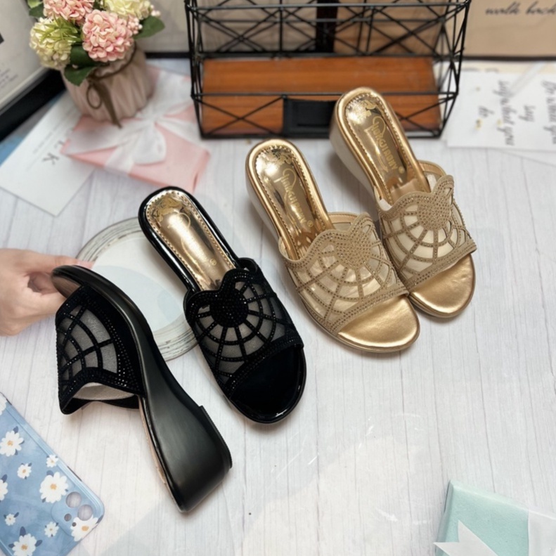 Dép Trung Niên Đính Xoàn Quai Ngang  Dép Đi Tiệc Cao Cấp 602 603 605 607