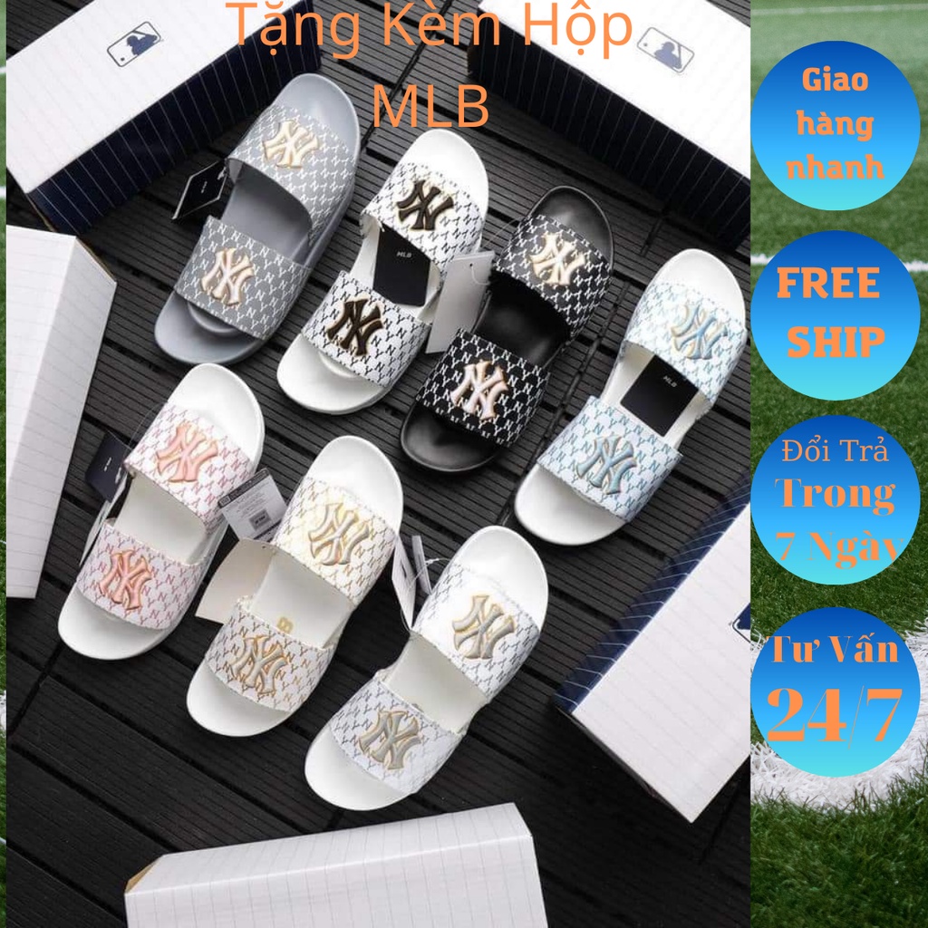 [ Full Box + Bill ] Dép Quai Ngang MLB NY Chữ Thêu Freesize, Dép Lê Nam Nữ Đế Cao Su Non Tăng 3CM Trending 2022