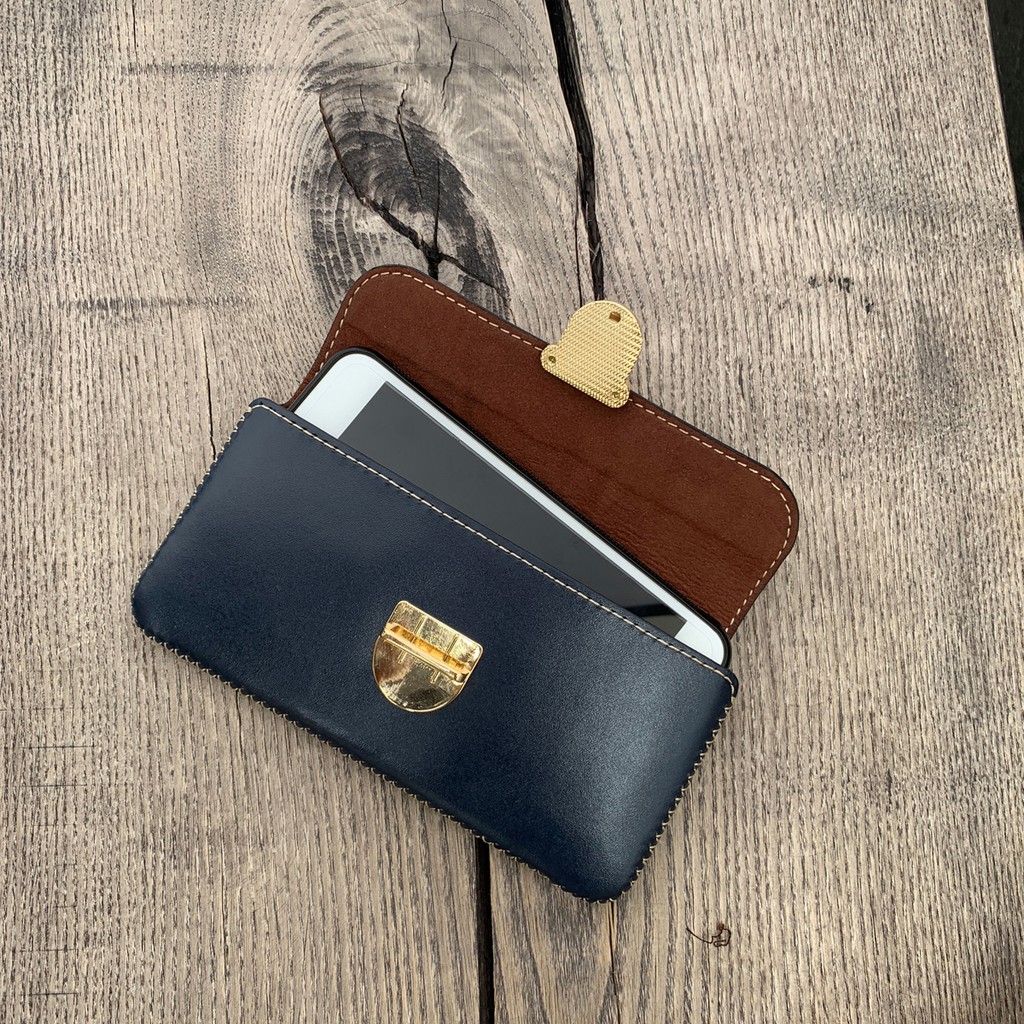 Bao điện thoại đeo hông nắp gập - Màu Xanh Navy - Da bò thật - Thủ công handmade