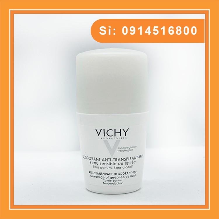 Lăn khử mùi Vichy 48H nắp trắng dành cho da nhạy cảm 50ml, ngăn mồ hôi hiệu quả, không gây ố vàng áo