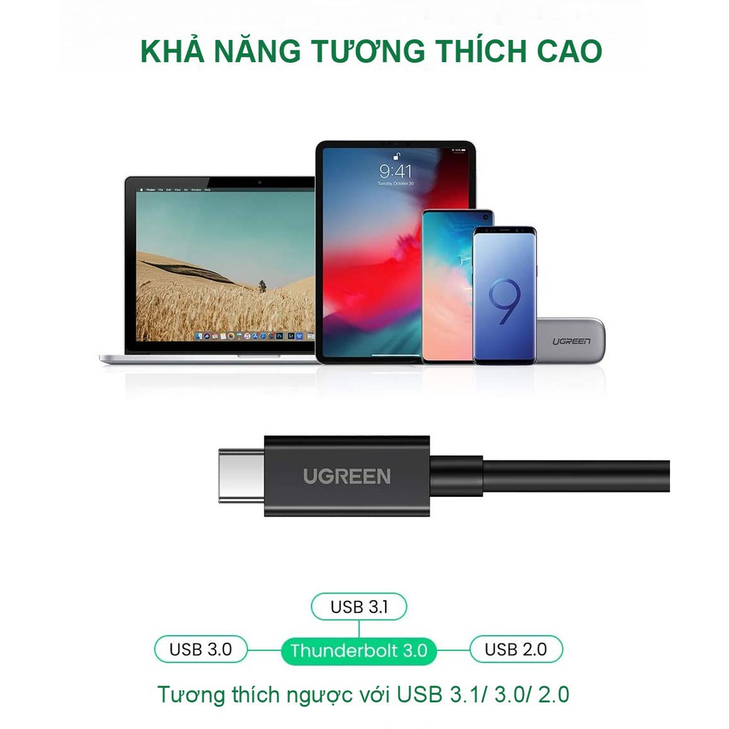 Cáp THUNDERBOLT 3 (USB Type-C Gen 3) truyền dữ liệu 40Gbps, 5K60Hz, sạc 100W, dài 0.5-2m UGREEN US341