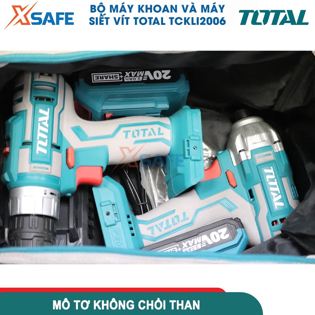Bộ combo máy khoan pin và máy bắn vít dùng pin motor không chổi than 20V TOTAL TCKLI2006 kèm 2 pin 2.0Ah, 1 sạc