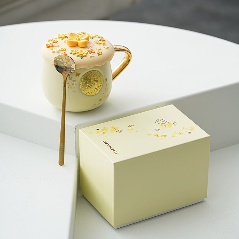 Cốc uống cà phê bằng gốm hình biểu tượng Starbucks màu vàng kim dễ thương