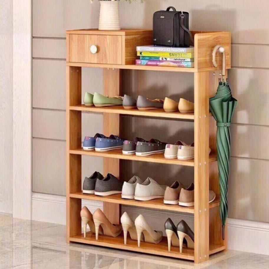 Kệ Để Giày Dép, Kệ Giày Bằng Gỗ 5 Tầng MDF Có Ngăn Kéo, Móc Treo Đồ Lắp Ghép Siêu Tiện Dụng