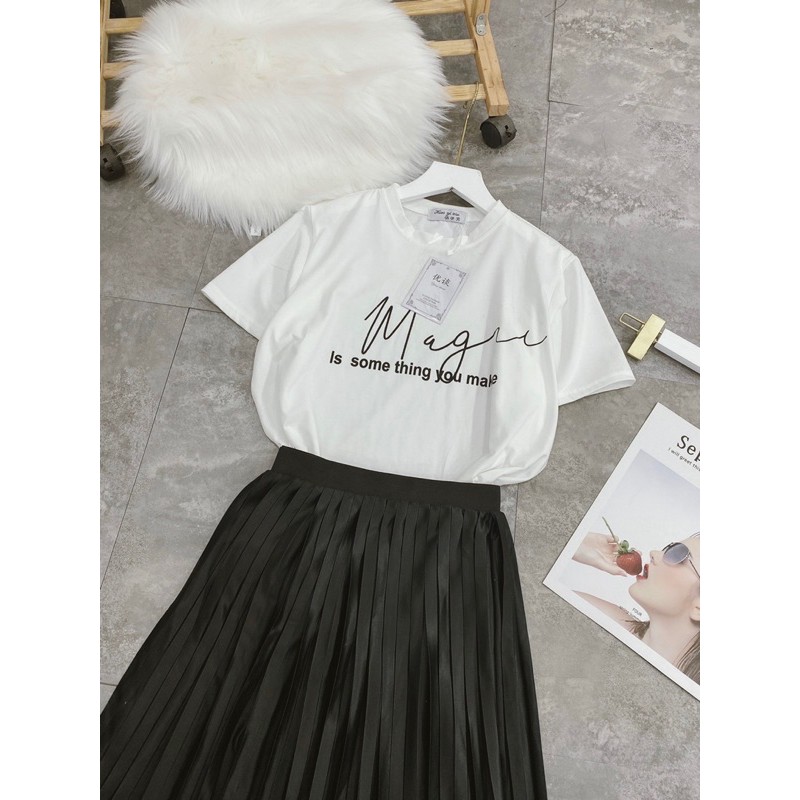 ❤️ Set áo thun chữ kí mix chân váy xếp ly