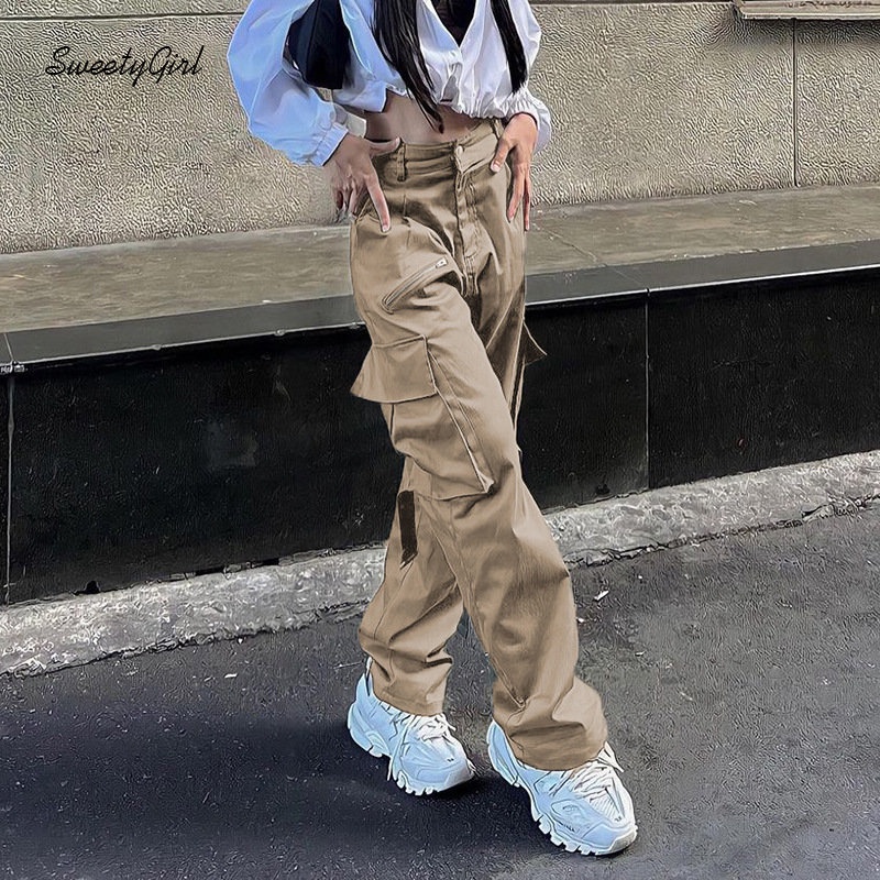 Quần Dài Ống Đứng Lưng Cao Màu Xanh Lá Cài Nút Thời Trang Đường Phố 2022 Cho Nữ