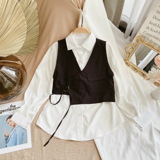 SET SƠ MI NỮ trắng kèm CROPTOP ghile đen