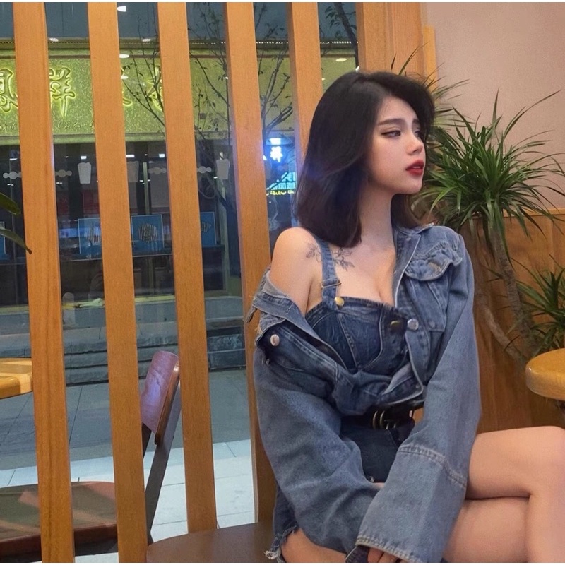 Playsuit denim cup ngực sexy