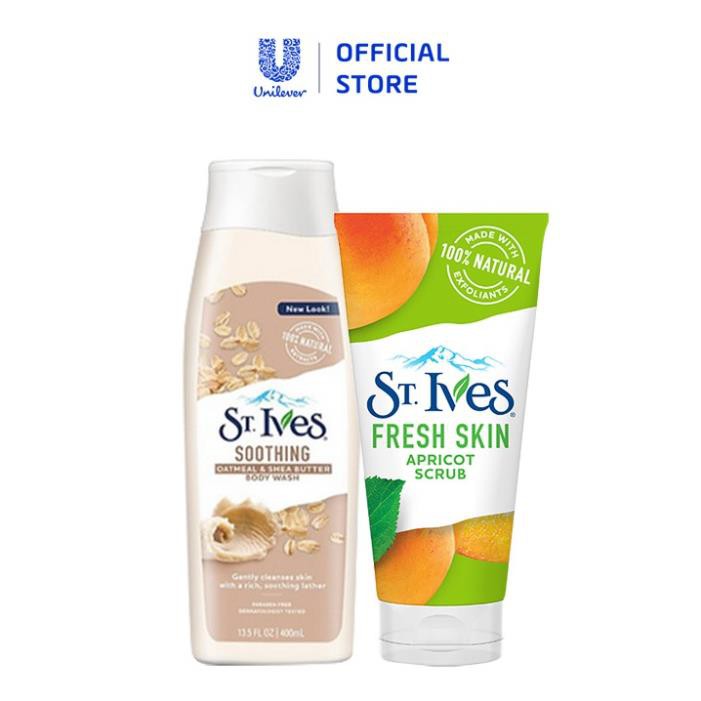 Combo Sữa tắm St.Ives Chiết Xuất Yến Mạch và Bơ 400ml và Sữa rửa mặt tẩy tế bào chết St.Ives Chiết Xuất Trái Mơ 170g