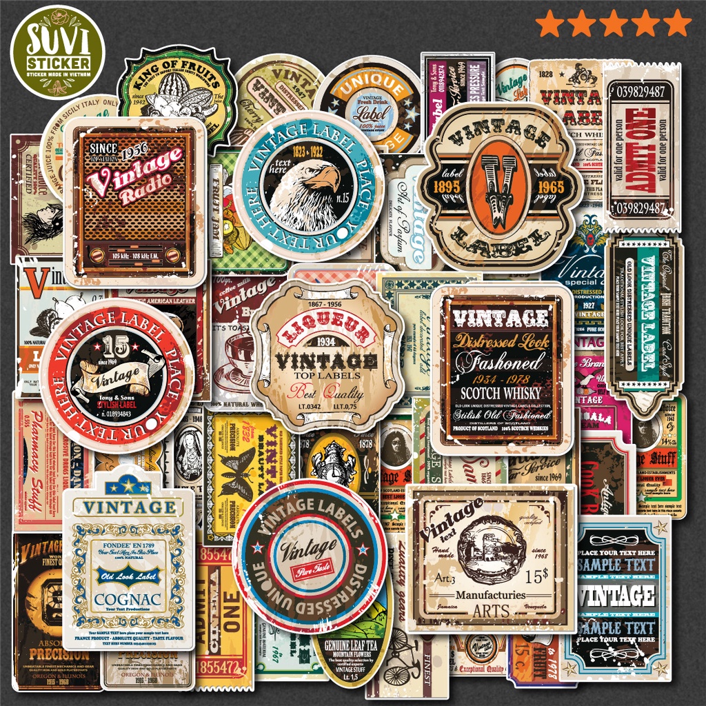50 Sticker Vintage Stamp chống nước sticker dán mũ bảo hiểm, laptop, điện thoại, đàn guitar, vali. MSP: SV28