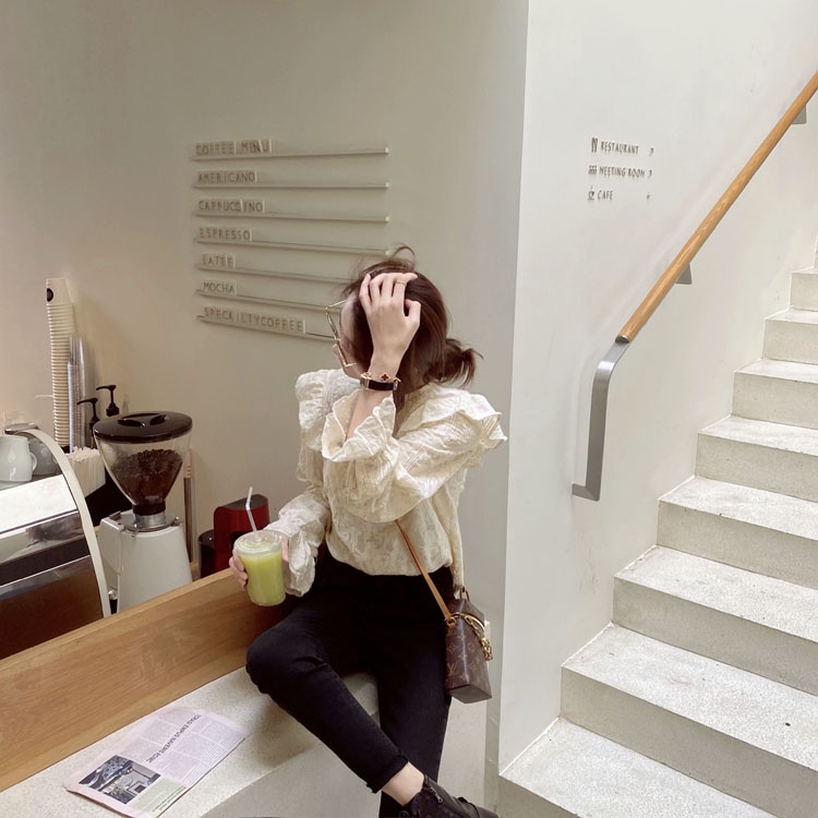 Áo sơ mi kiểu tay dài phối ren dễ thương thời trang cho nữ