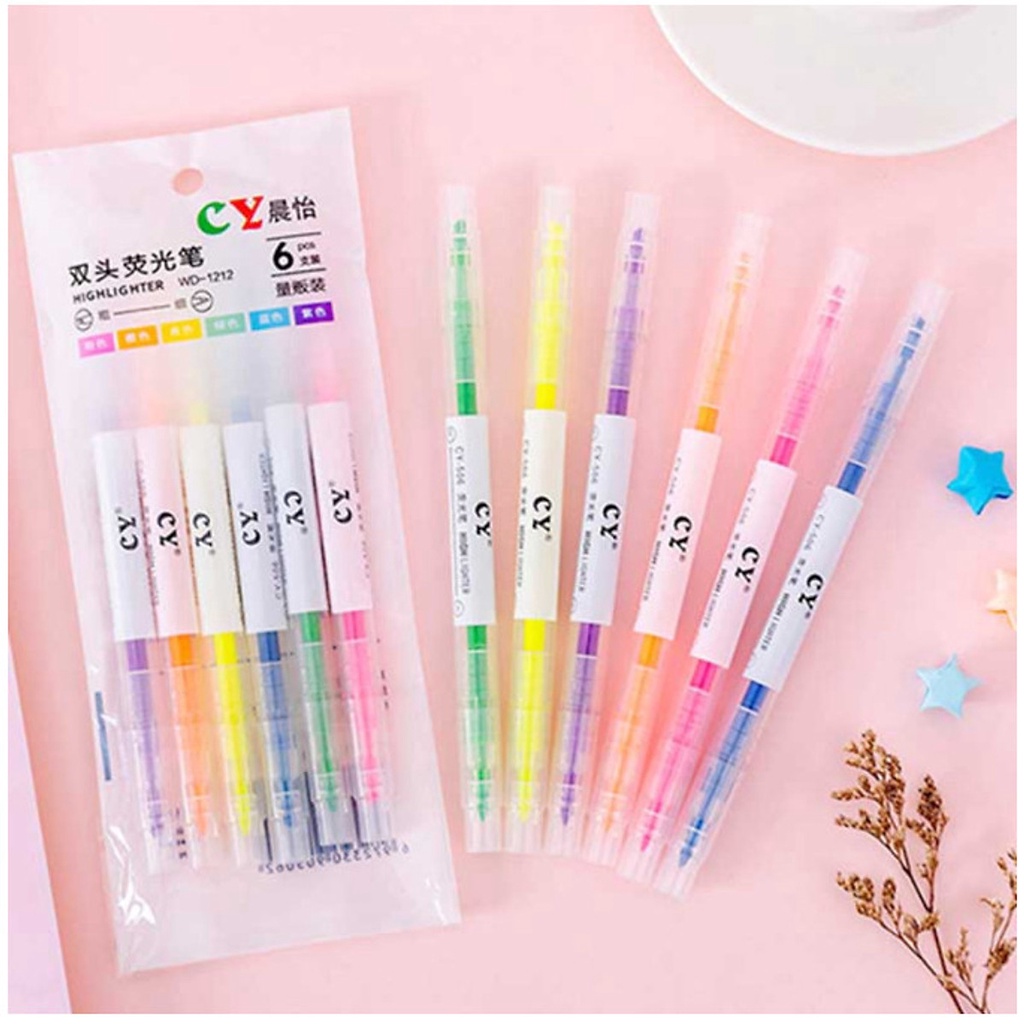 Set 6 bút dạ quang Highlight hai đầu 2 màu dễ thương Duashop