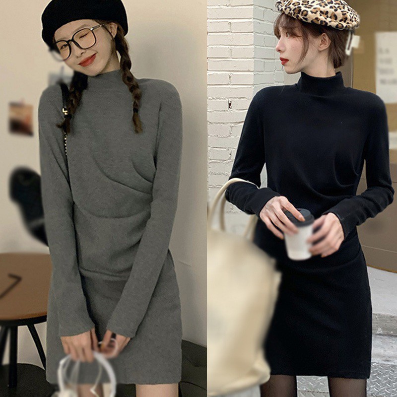 Đầm Tay Dài Cổ Cao Màu Trơn Phong Cách Thời Trang Hàn Quốc