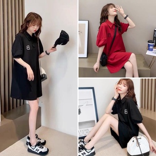 Váy polo nữ hoạ tiết chữ B dáng suông tay bồng cách điệu hai màu - Đầm thun phối cổ sơ mi chất cotton freesize dáng ngắn