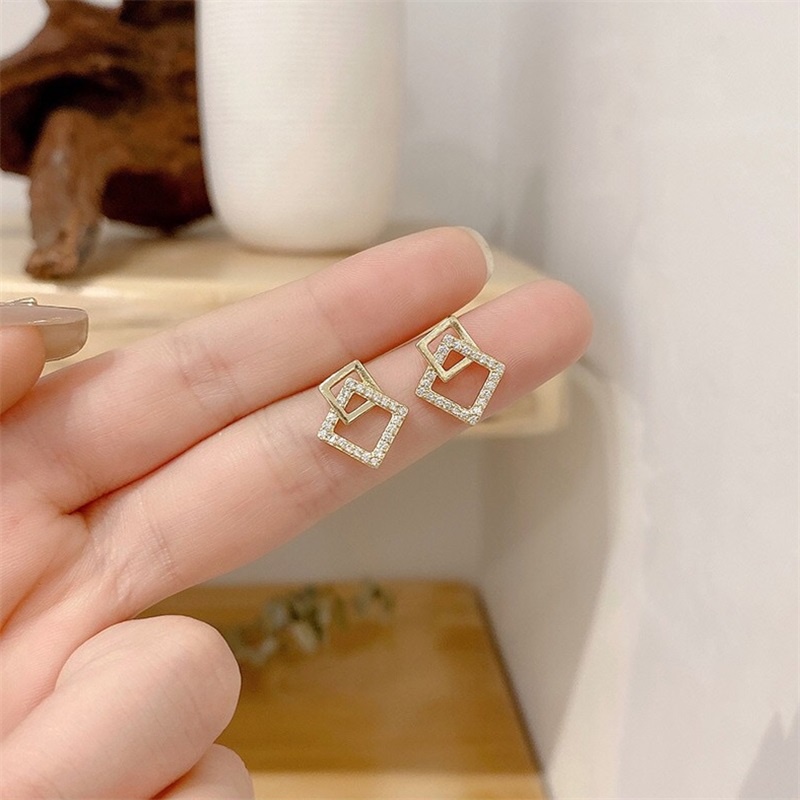 Bông Tai Hình Vuông Đính Đá Zircon Phong Cách Hàn Quốc Mới